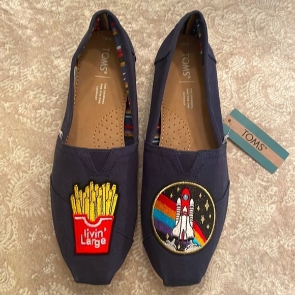Brand New Toms Navy Blue Custom Slip On Shoes Fries Living Large Spaceship NASA - Picture 12 of 13